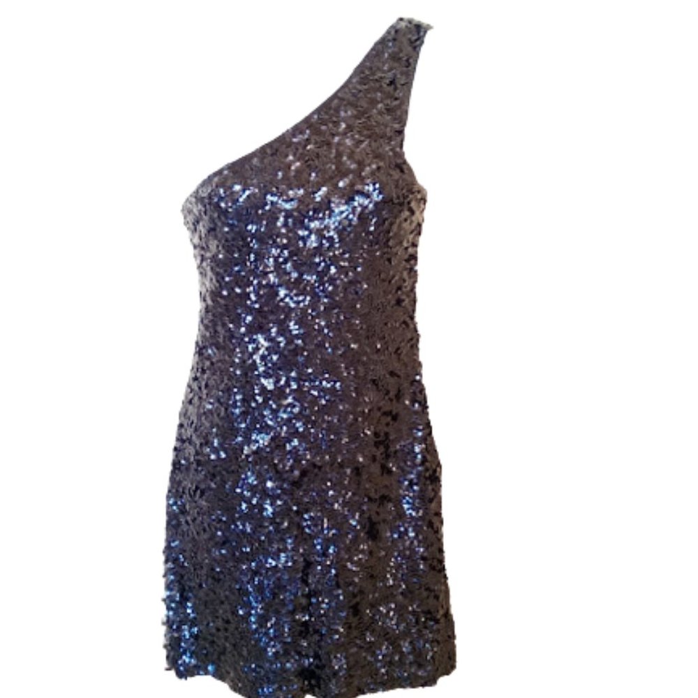 Black Asymmetrical Short Sequined Dress Size Small ---